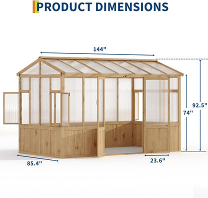 10x12 ft Wooden Greenhouse for Outdoor - Heavy Duty Walk-in Green House Kit with 6 mm Polycarbonate,Ventilated Window & Lockable Door for Backyard,Patio,Lawn