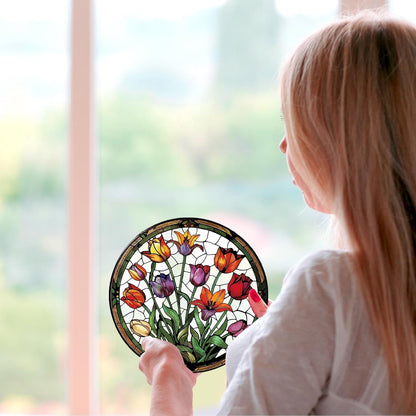Tulip Stained Glass Window Hanging Botanical Sun Catcher Decor Tulip Lover Gifts for Women Christmas Suncatchers for Home Windows Hanging Decoration, 7.87inch