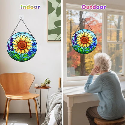 Sunflower Stained Glass Window Hanging – Round Sunflower Suncatcher for Window, Garden or Home Decor – Bright Floral Glass Panel Ornament (12 Inch)