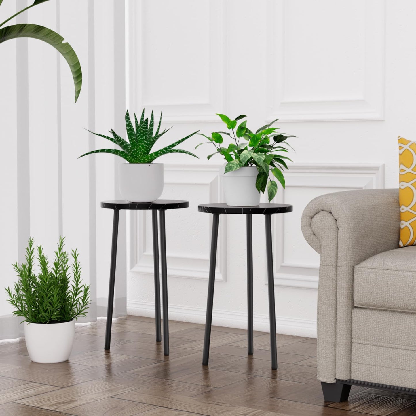 Plant Stand Indoor 2 Pack: Corner Wood 20 Inch Plant Stand Mid Century Modern Decor - Small Round Plant Table for Indoor Plants - Plant Holder for Patio Living Room Bathroom Office (Black Marble)