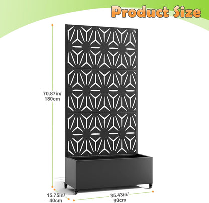 Metal Raised Garden Bed with Trellis, 2-in-1 Planter Box & Privacy Screen for Climbing Plants, Outdoor Standing Flower Bed with Drainage Holes, 35.4" L x 15.7" W x 70.1" H, Black-Star
