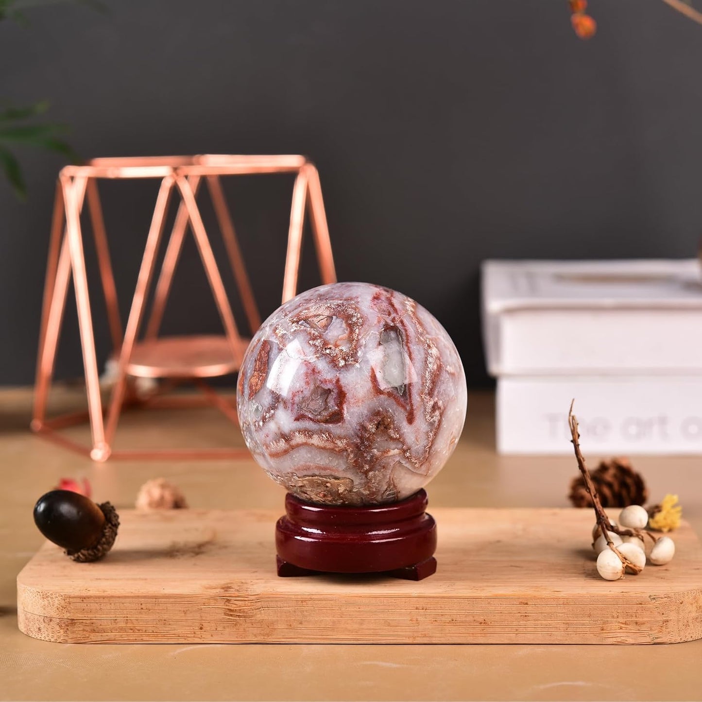 JIC Gem Striped Agate Crystal Ball with Wooden Stand Healing Crystal Sphere Ball for Feng Shui Decor Spiritual Gifts 60-70mm