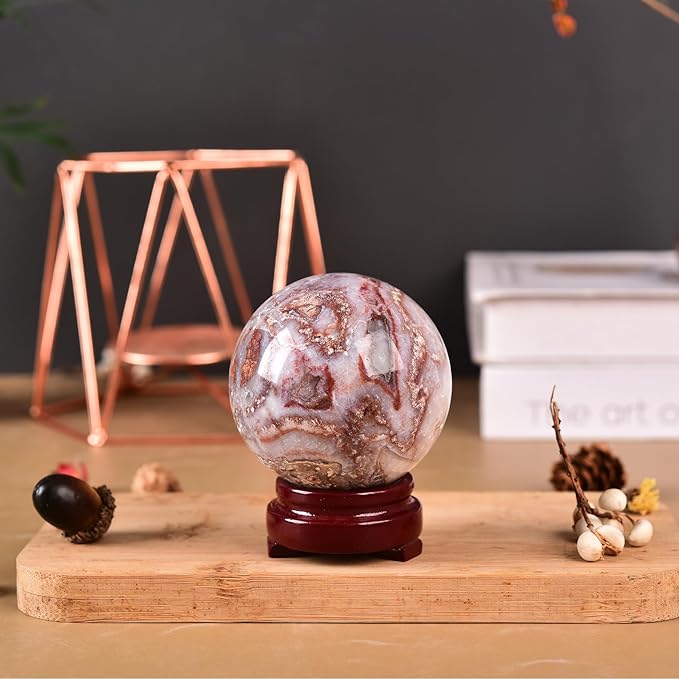 JIC Gem Natural Striped Agate Crystal Sphere Healing Crystal Decorative Ball with Wooden Stand Meditation Balls for Witchcraft Reiki Gift 50-60mm