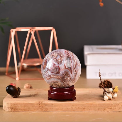 JIC Gem Natural Striped Agate Crystal Sphere Healing Crystal Decorative Ball with Wooden Stand Meditation Balls for Witchcraft Reiki Gift 50-60mm
