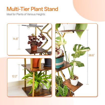 Bstrip 63 Inch Plant Stand with Grow Light, 7-Tier Indoor Plant Shelf with Hanging Hooks, Decor Corner Plant Stand for Living Room & Patio, Gold