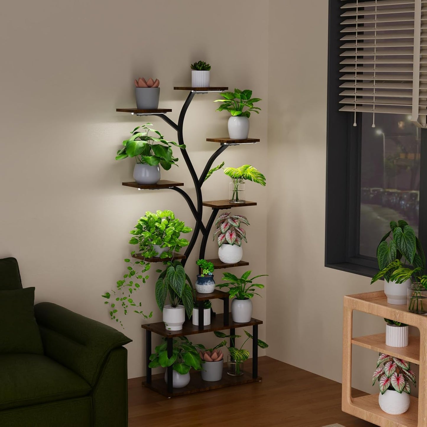 Bstrip 63 Inch Plant Stand with Grow Light, 10-Tier Plant Shelf for Indoor Plants, Decor Tree Shaped Flower Stand for Home, Corner & Patio