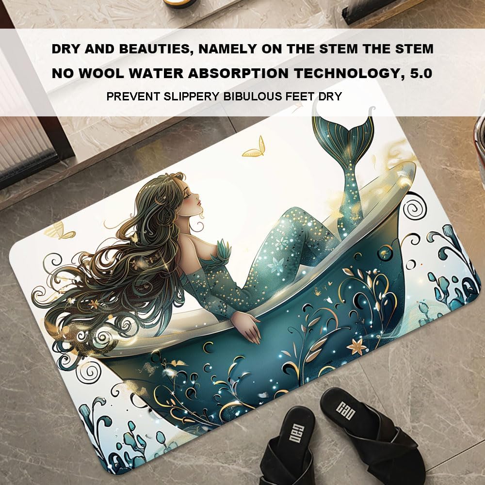 Bath Mat-Bathroom Rug，Bathtub Mermaid-Absorbent Non Slip Quick Dry Stain Resistant Easy to Clean Care Shower Rug for Bathtub Shower Room 17×27.5Inch (43 * 70cm)