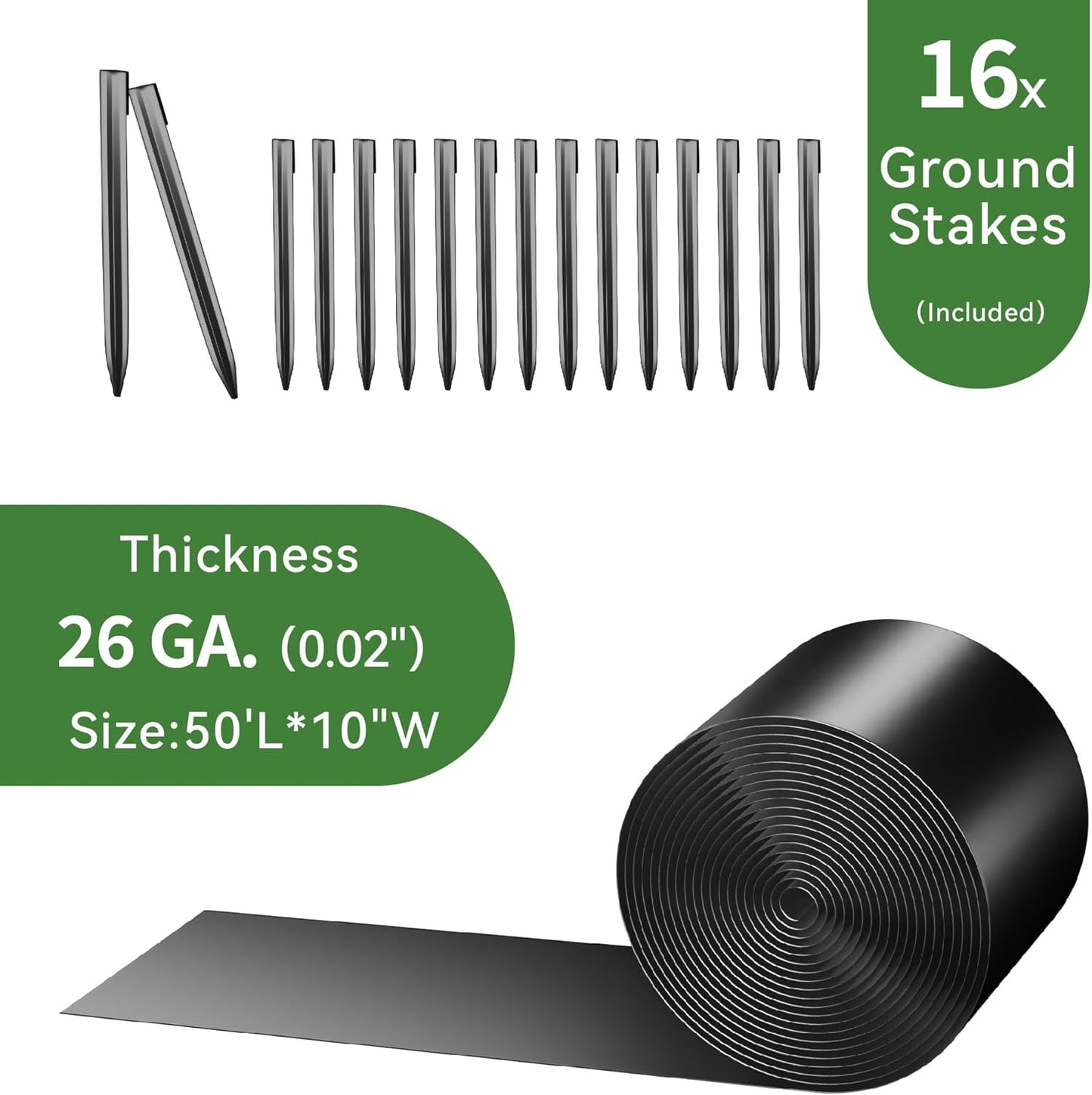Worth Galvanized Steel Landscape Edging 10" x50' Metal Garden Edging Roll Flexible Bender Border with 16Pcs Stakes for Lawn, Flower Bed Edges, Black