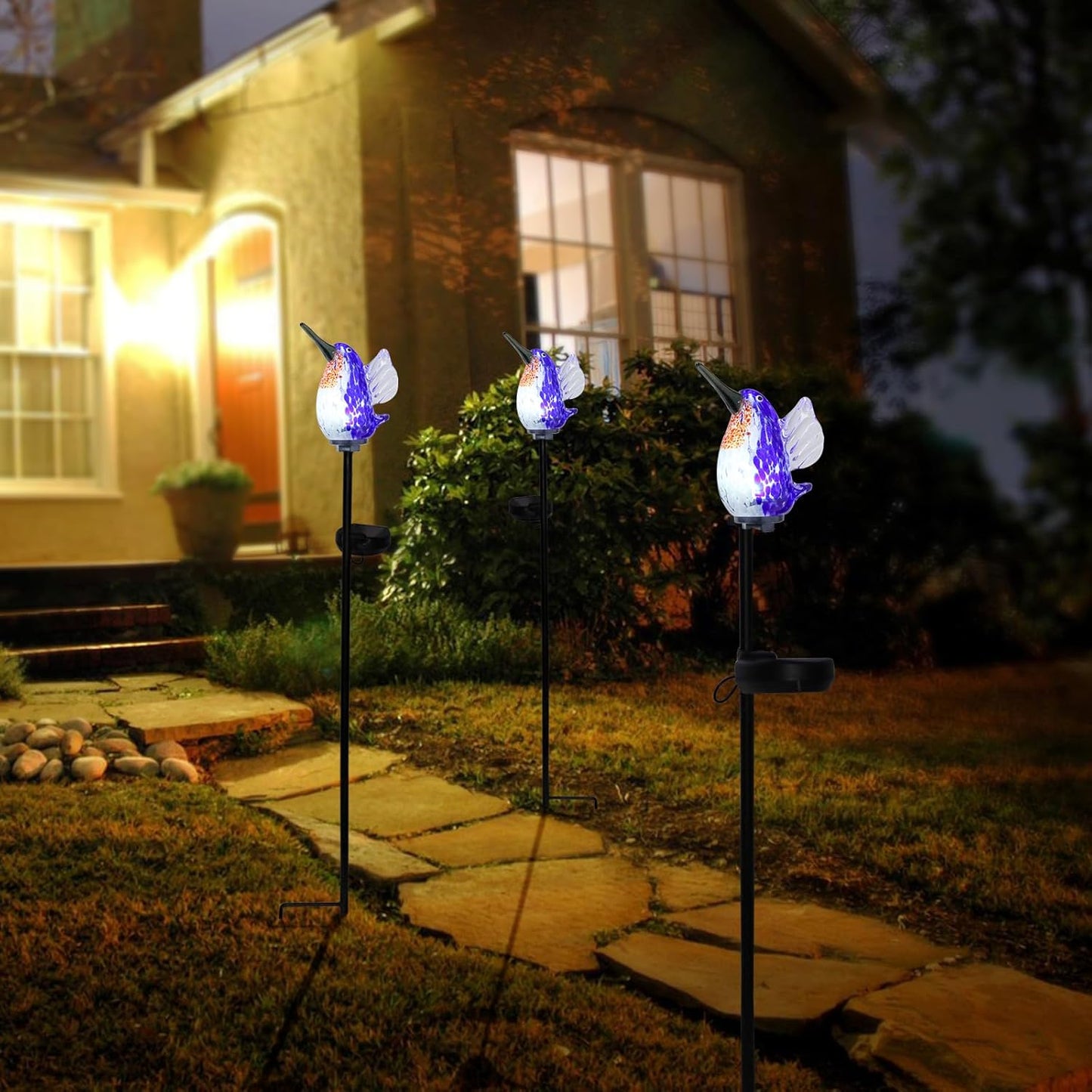 Afirst Decorative Solar Lights Outdoor Solar Hummingbird Stake Lights Hand Blown Glass Decorative Garden Pathway Light Outdoor Waterproof Glass Stakes Blue