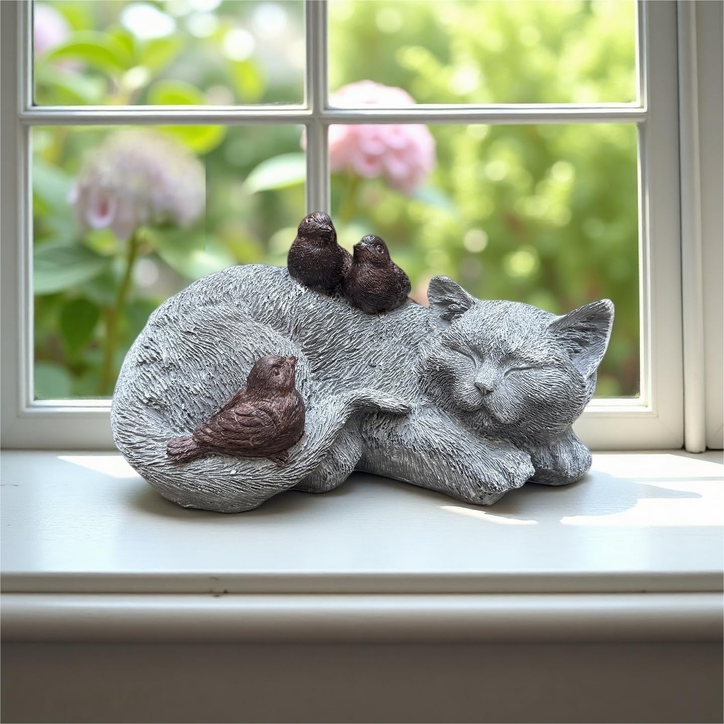 Cat Statue Outdoor Garden Decor - 11.4" Sparrows on Cat Figurine Memorial Grave Markers Garden Resin Sculpture for Outdoor Decoration, Pet Statues Gifts for Loss of Tabby Sympathy 11.4" x 7.1" x 4.6"