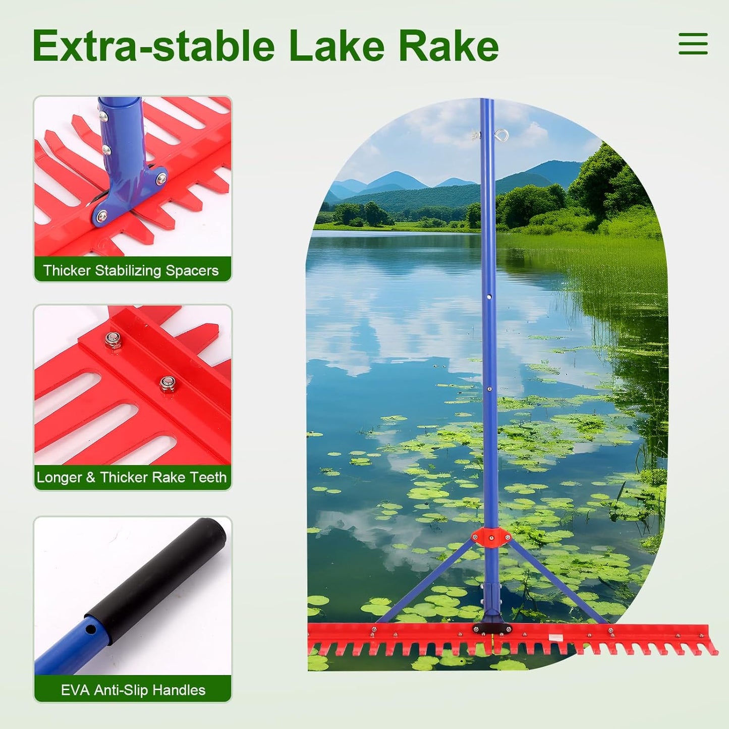 Lake Rake,Pond Weed rake,Heavy Duty Razer Rake,Large Pond Aquatic Rake-39 Wide Head with Alloy Tines , Floating Lake for Removal of Weeds Leaves & Floating Scum ,Shoreline & Beach Landscaping Tool