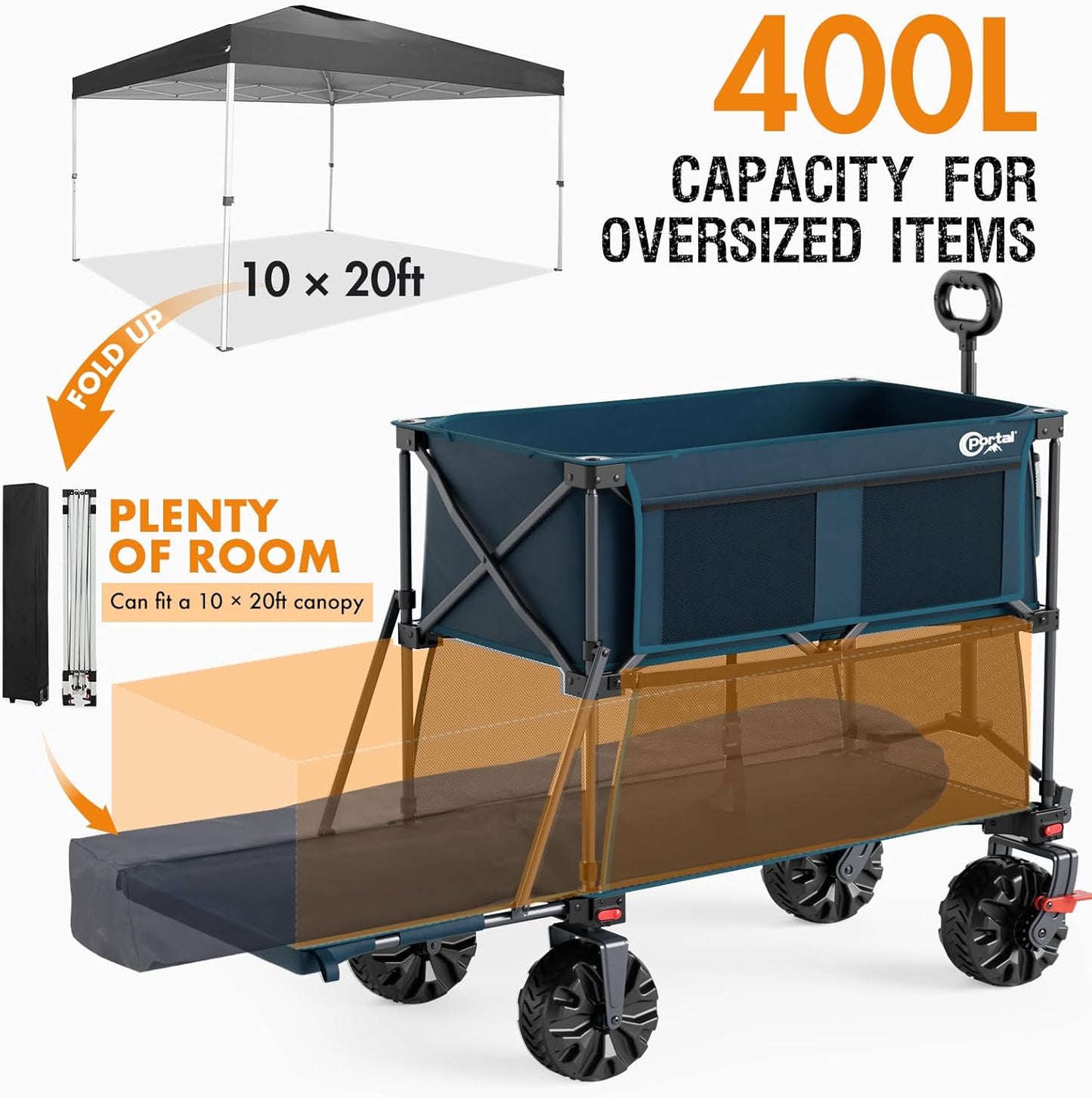Portal Collapsible Large Double Decker Wagon with Brakes, 660lb Foldable Heavy Duty Utility Wagon Cart, 400L All-Terrain Big Wheels & 54" Extra Long Extender for Sports, Camping & Outdoor Use