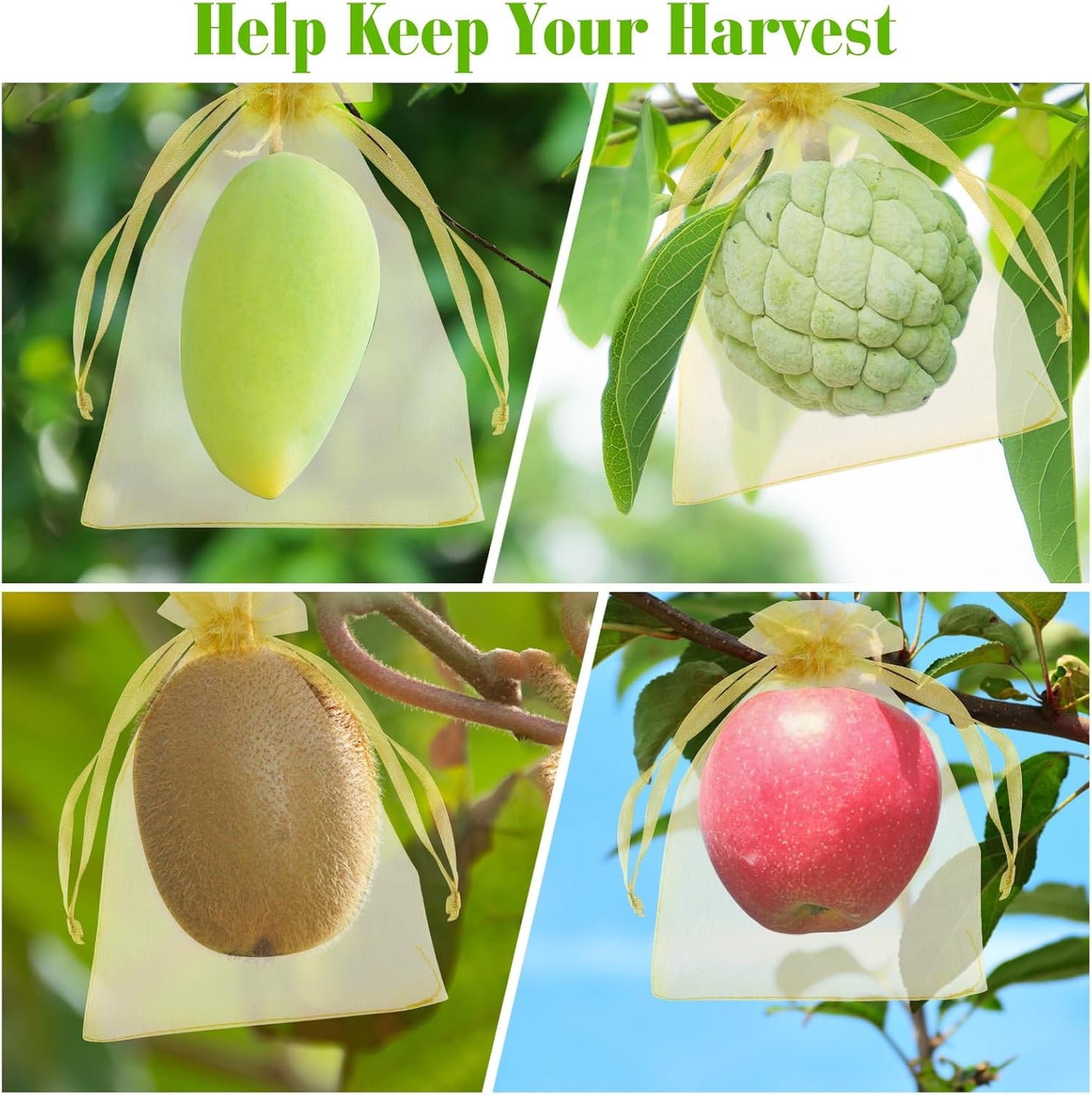 Morcheiong 60Pcs Fruit Protection Bags 8"" x 12"", Reusable Fruit Netting Bags for Fruit Trees, Garden Netting Mesh Bags with Drawstring (Yellow), M1076MCHYB