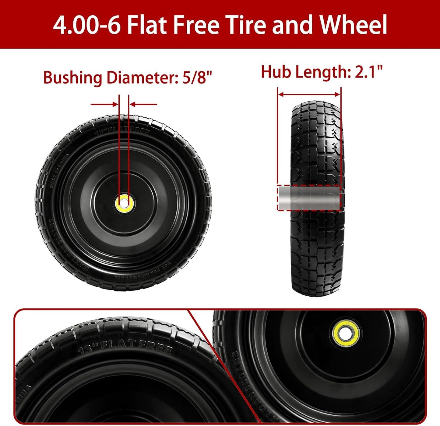 13" Flat-Free Tires and Wheels Replacement Gorilla Cart, 4.00-6 Flat-free Solid Tires for Garden Carts, Wheelbarrows & Yard Trailers - with 5/8" Bearings, 2.1" Hub Offset(4-Pack)