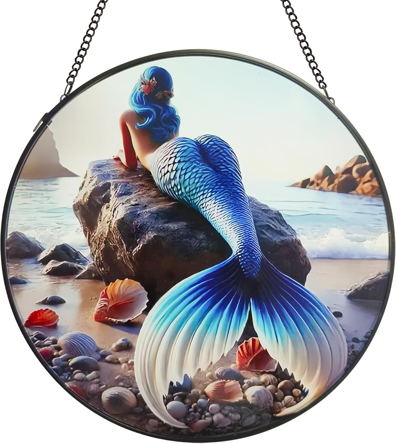 Mermaid Stained Glass Window Hanging, Sun Catcher for Windows Hanging Mermaid Wall Decor Ocean Wall Art Decor for Home, Aquarium, Gifts for Women