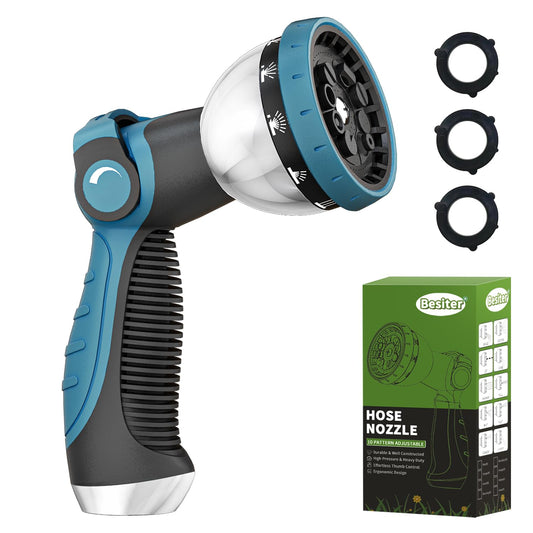 Besiter Garden Hose Nozzle, Hose Sprayer Nozzle with 10 Spray Patterns, Thumb Control On Off Valve