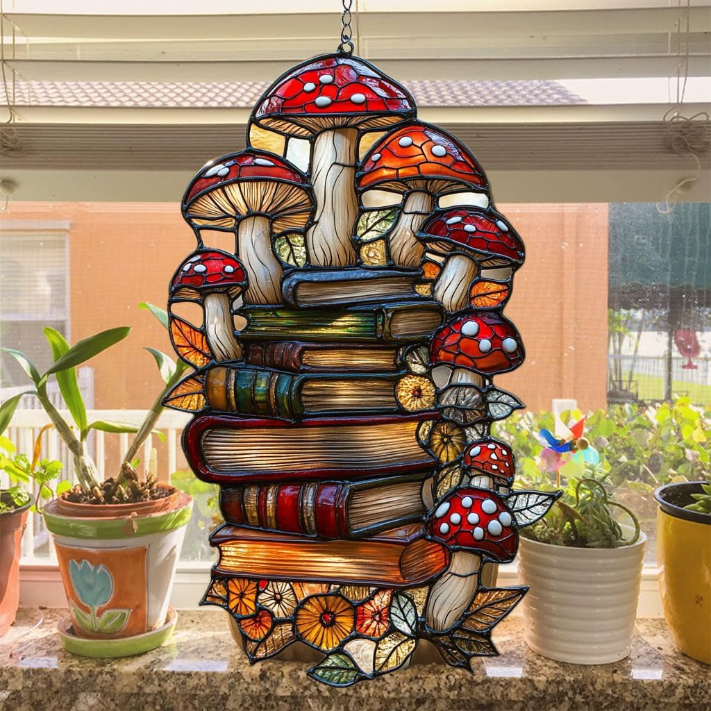 Forest Mushroom Books Acrylic Suncatcher Stained Glass Effect Window Car Hanging Christmas Ornament Indoor Outdoor Decor Garden Sun Catcher Panel for Book Lover for Women Mom Grandma