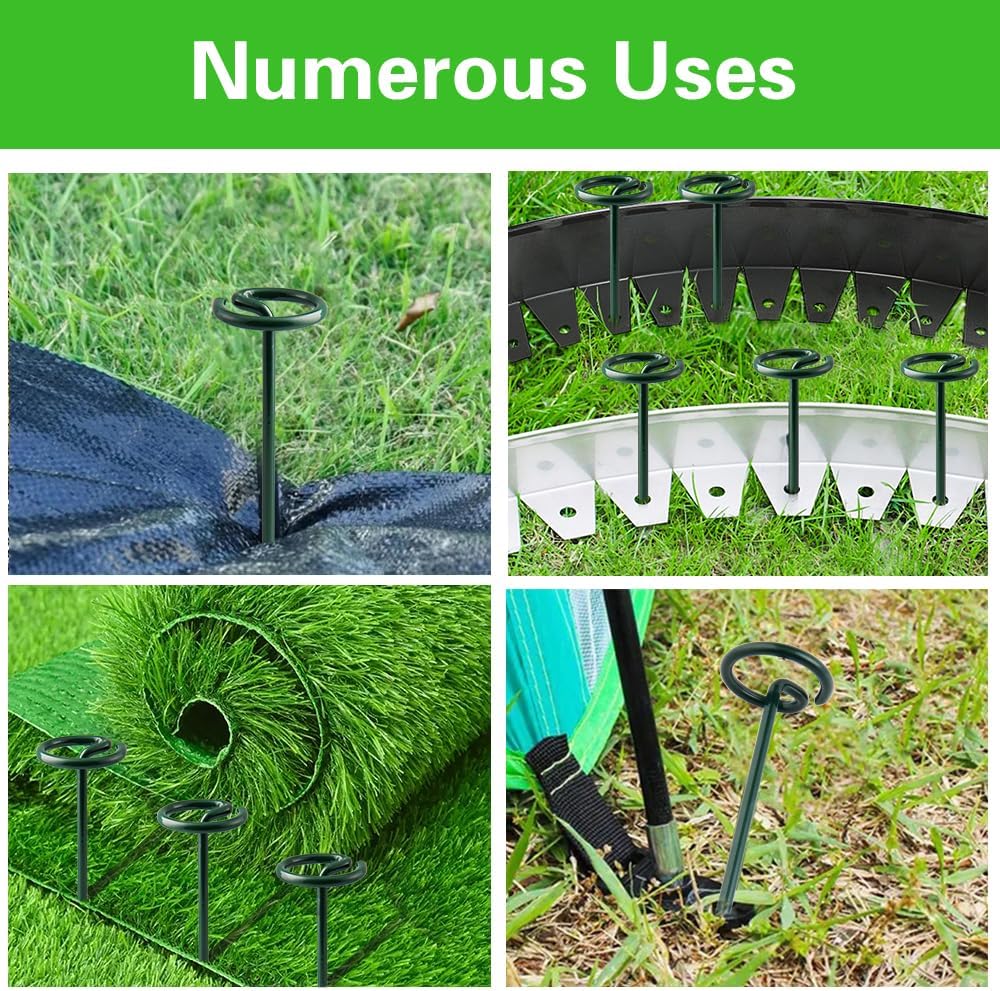 Bakulyor 50Pcs Circle Top Landscape Staples, 6 Inch Green Artificial Turf Stakes, 9 Gauge Landscape Fabric Pins, Heavy Duty Yard Lawn Spikes for Outdoor Soil Gardening Weed Barrier Sod Fabric - 6"