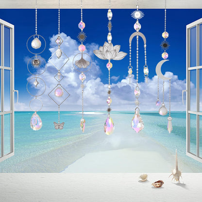 Sun Catchers, 6 Pieces Colorful Suncatchers Decorative Hanging Clear Crystal Prism Rainbow with Silver Moon Sun Metal Forms Suncatcher Kit for Window Indoor Outdoor Car Mirror Decor Xmas Gift