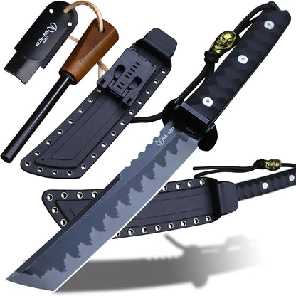BA-KOR 15.8in Full Tang Japanese Style Outdoor Knife –8mm DC53 Steel, Nylon Fiber Handle &Sheath, Hunting Survival Knife+(5.9in) cerium igniter (Black handle and black blade (8mm))
