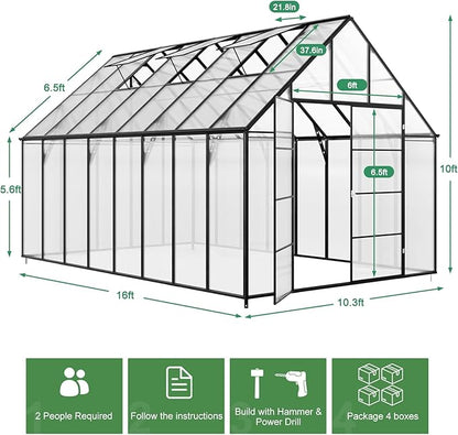 Outdoor Polycarbonate Greenhouse Kit,16x10x10 FT Large Outsides Aluminum Frame Heavy Duty Green House with Transparent Panels Windows Door for Backyard Garden,Walk in Plant Greenhouses,Black Frame