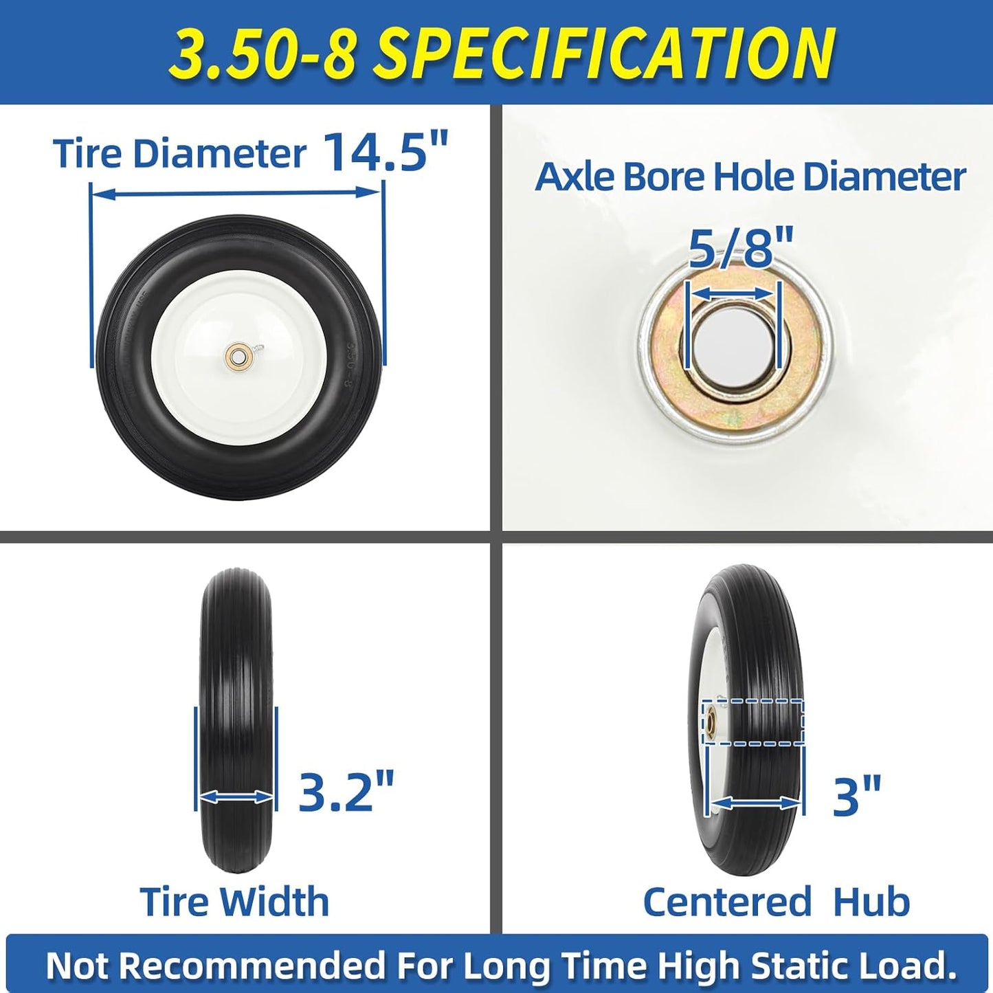 14.5" Wheelbarrow Flat Free Tire, Fits 4.80/4.00-8, 3.50/2.50-8, 4.00-6, 4.00-8, Wheelbarrow Wheels, 5/8" Bearing with Extra 3/4" Bearing, 3" -6" Centered Hub