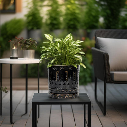 Ceramic Pot for Plants - 8 Inch Plant Pots Indoor with Drainage Hole and Saucer, Decorative Round Planter Outdoor, Boho Ceramic Planter for Flower, House Garden Decor, Gardening Gifts, Black