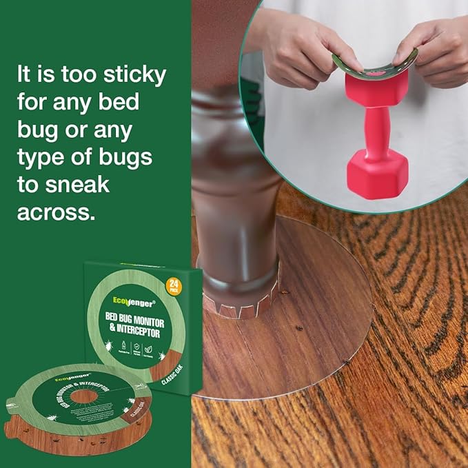 EcoVenger Bed Bug Monitor & Interceptor Super Glue Traps 48 Ct, Discreet Floor Color Classic Oak, Blocks Bed Bugs' Access to Beds/Futon/Couch, for Hard Floor, New Upgraded Version Easier to Peel & Use