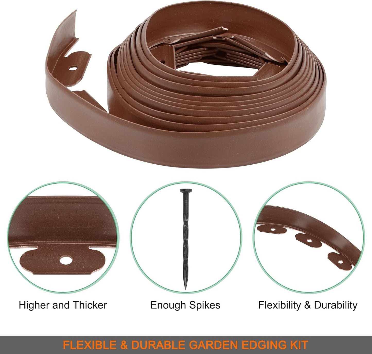 Garden Edging - 20 Feet Plastic Landscaping Edging Border with 18 PCS Spikes Apply to Flower Beds/Grass Lawn/Yard (20FT x 1.57IN, Dark Brown)