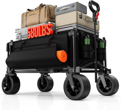 Collapsible Folding Wagon with Extended Tailgate, 150L & 580LBS Wagons Carts Foldable with All-Terrain Wheels, Side Pocket and Brakes, Beach Wagon Cart Heavy Duty for Camping, Shopping, Sports, Garden