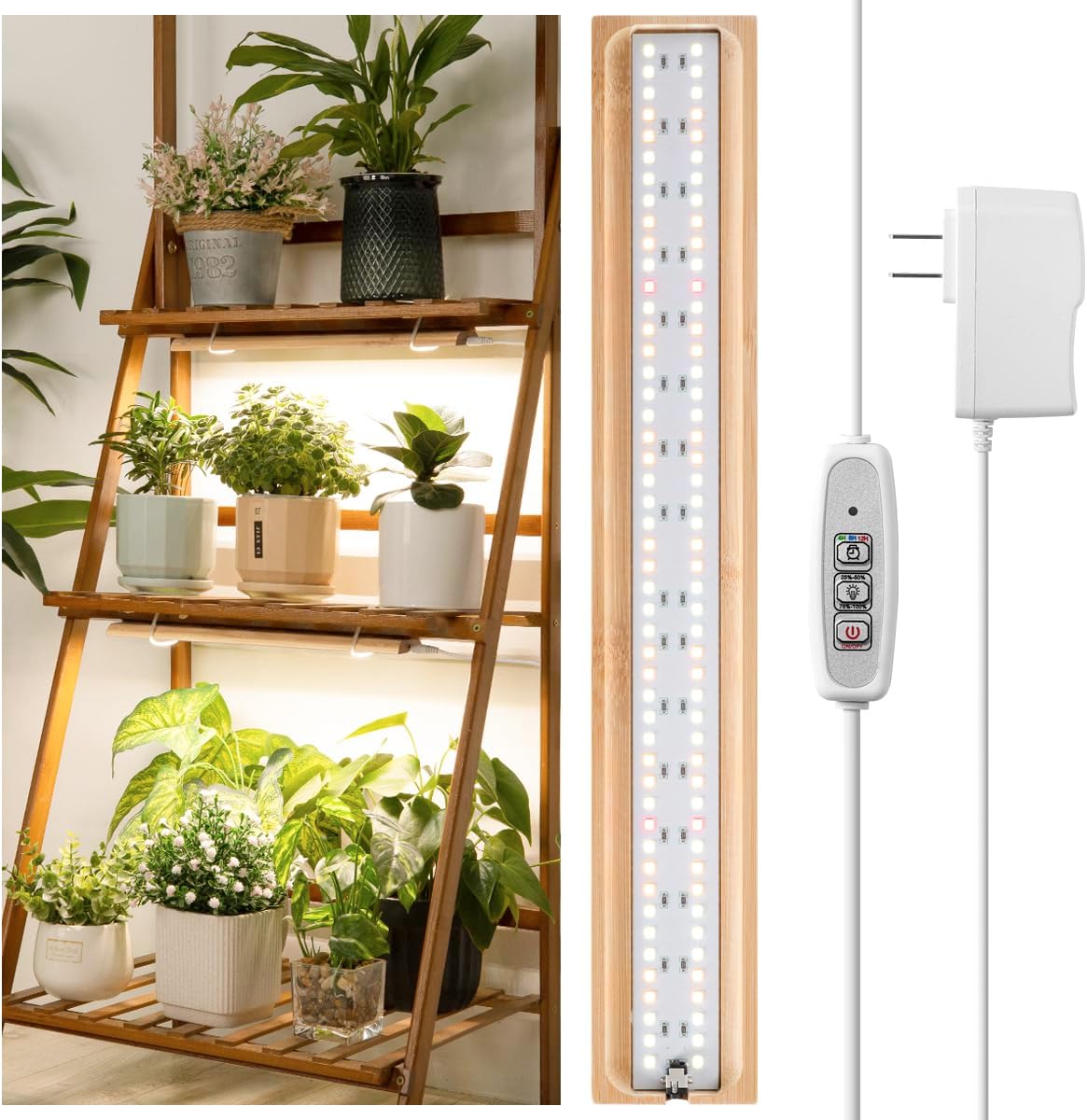 FOXGARDEN Grow Light Strip, Bamboo Full Spectrum Plant Grow Light for Indoor Plants, 96 LED Bright Grow Lamp with Auto On/Off Timer 4/8/12H, 4 Dimmable Brightness, 1 Strip with 1 Controller