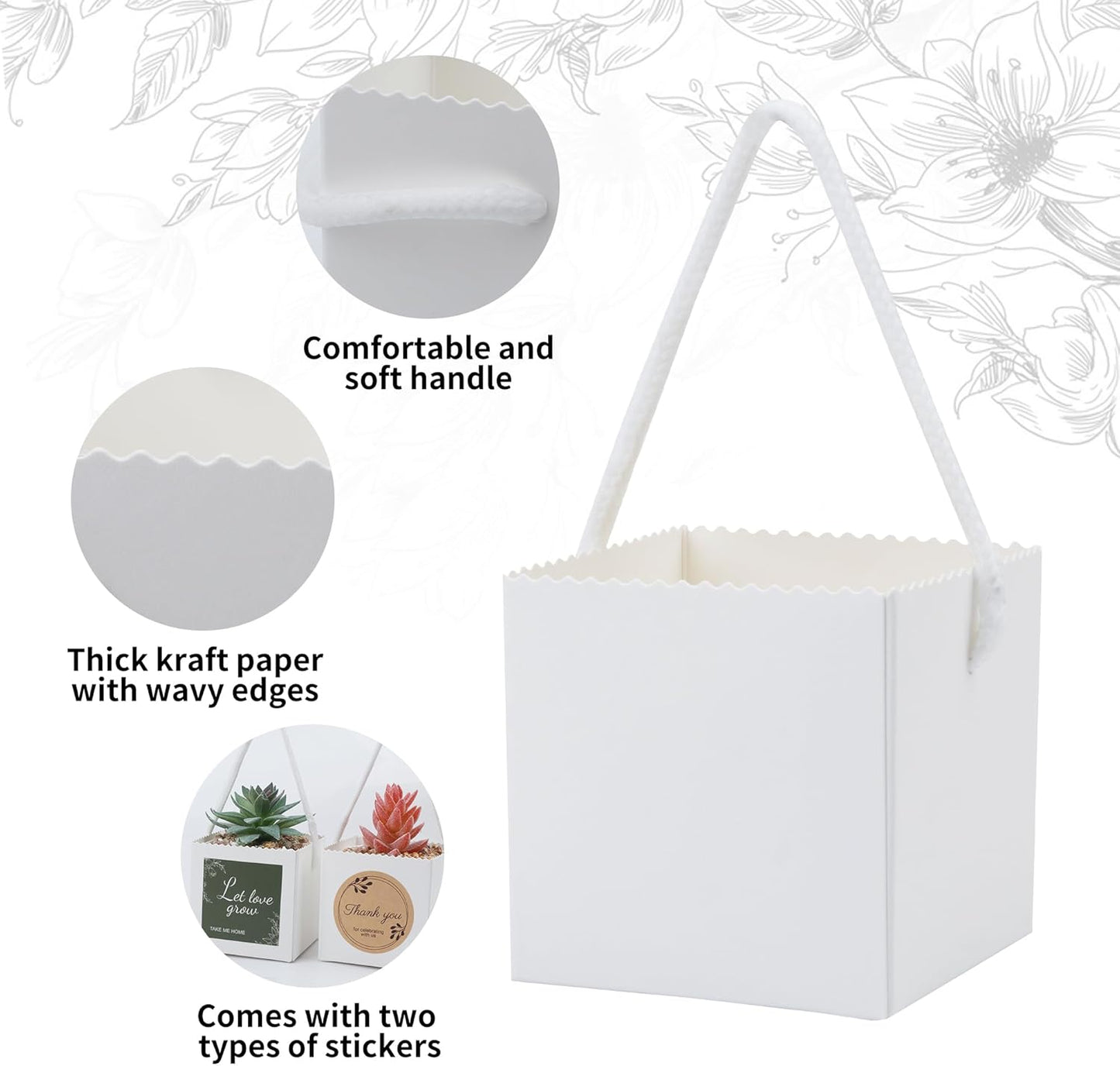 Temlum 2.5 Inch Succulent Wrap Bags (Fits 2.5″ Pots) with Thank You & Let Love Grow Stickers, Succulent Gift Box for Wedding, Baby Shower, Succulent Party Favors for Guests (White 40pcs)