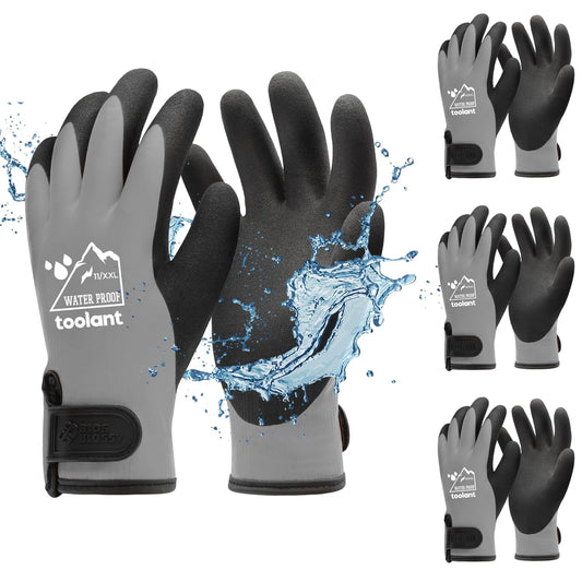 toolant 100% Waterproof Gloves Bulk Pack, 3 Pairs, Winter Work Gloves for Cold Temperature, Touchsreen, Warm Gloves for Freezer, Fishing and Gardening, With Grip, Grey, XX-Large