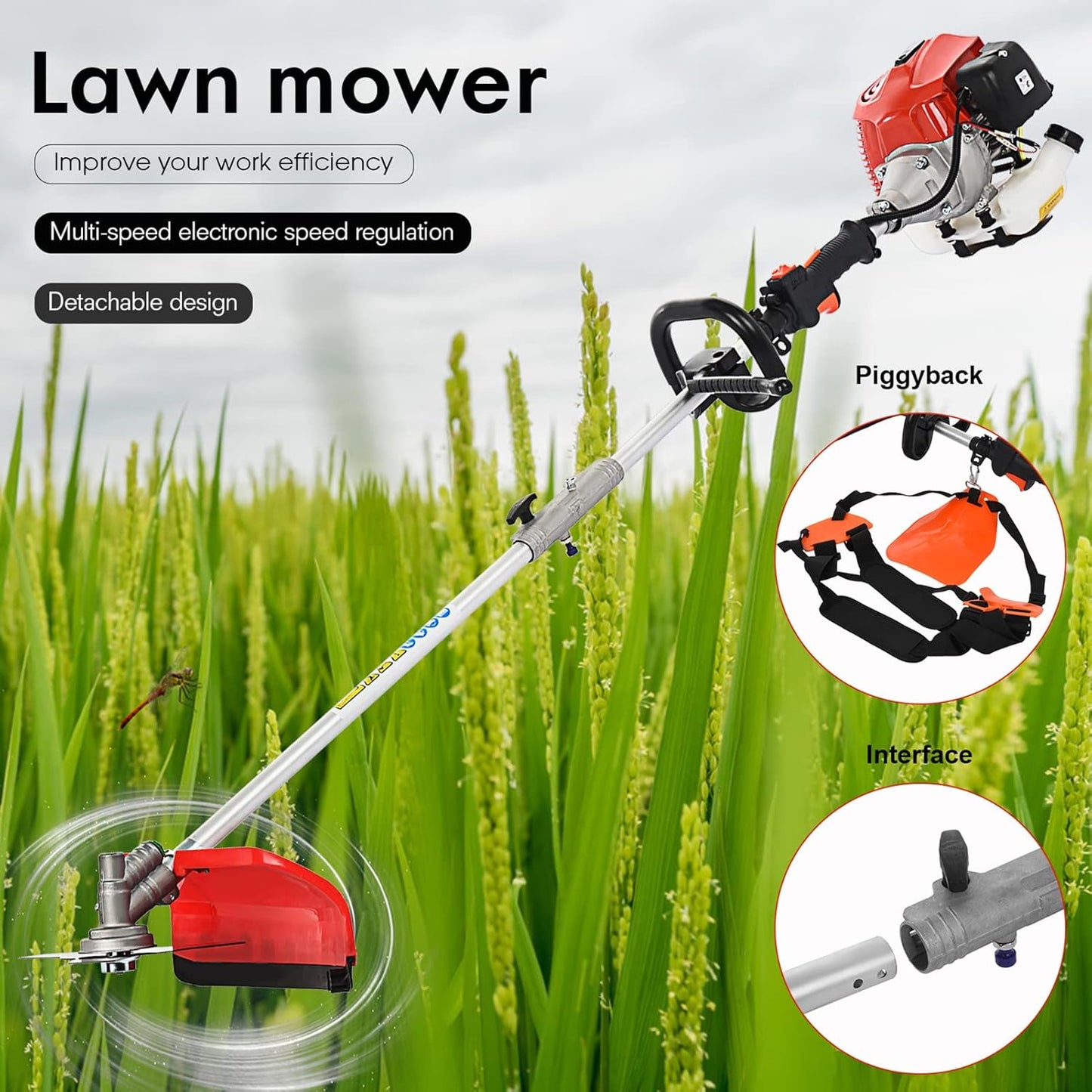 52cc Gas Powered 5-in-1 Multi-Functional Garden Tool, Powerful 2-Stroke Brush Cutter Hedge Trimmer Chainsaw Grass Strimmer, Long Reach Extension Pole, Full Guard Accessories Set (5-in-1)