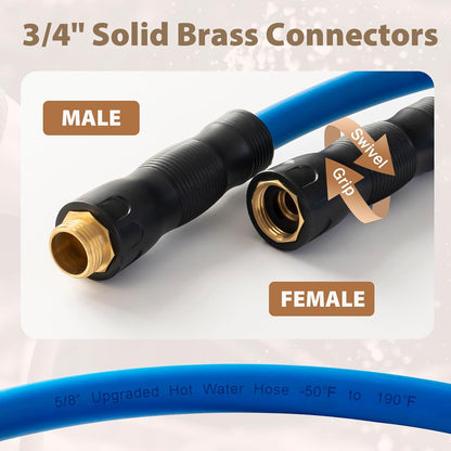 5/8" Hot/Cold Water Hose 20ft, -50℉ To 190℉ Heavy Duty,Flexible,Burst 600 Psi 3/4" Brass Fittings with Swivel Grip Handle for Outdoor,Yard, Farm, Blue
