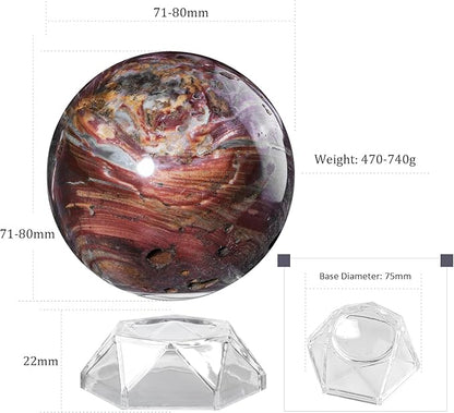 Natural Ocean Jasper Crystal Ball with Acrylic Display Base, 71-80mm Polished Stone Feng Shui Crystal Sphere Meditation Decoration for Home & Office