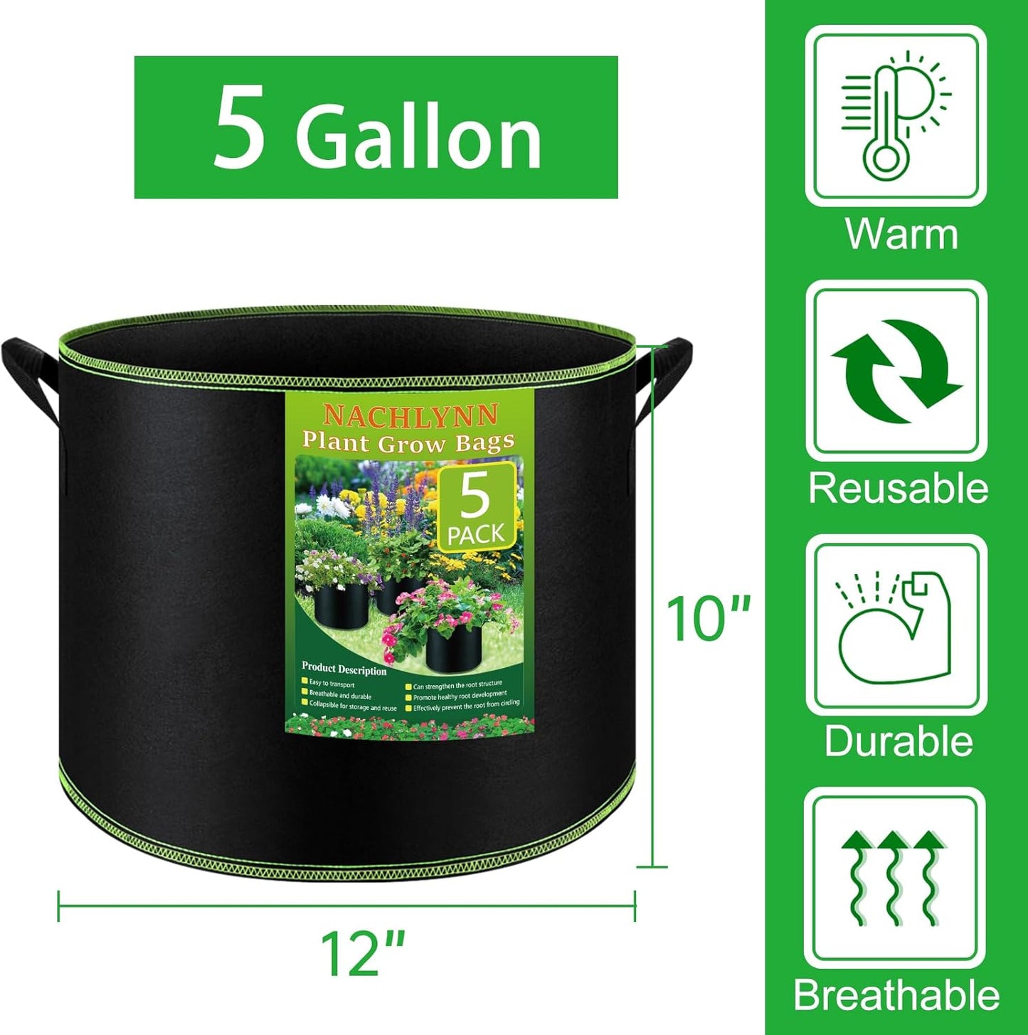 NACHLYNN 5-Pack 5 Gallon Grow Bags Heavy Duty Aeration Fabric Pots with Handles Thickened Nonwoven Fabric Pots Plant or Fruits Flowers Plant for Gardening
