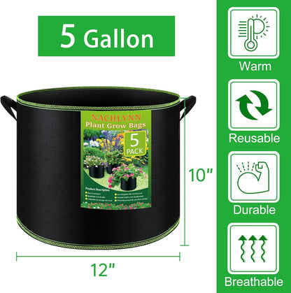 NACHLYNN 5-Pack 5 Gallon Grow Bags Heavy Duty Aeration Fabric Pots with Handles Thickened Nonwoven Fabric Pots Plant or Fruits Flowers Plant for Gardening