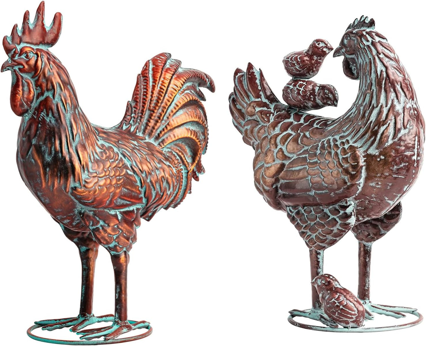 Metal Garden Chicken Sculpture Decor Antique Copper Rooster and Hen with Chicks Outdoor Statues Yard Art