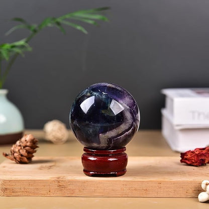 JIC Gem Natural Colorful Fluorite Crystal Sphere Decorative Ball with Wooden Stand Meditation Balls for Witchcraft Reiki Healing Gift 50-60mm
