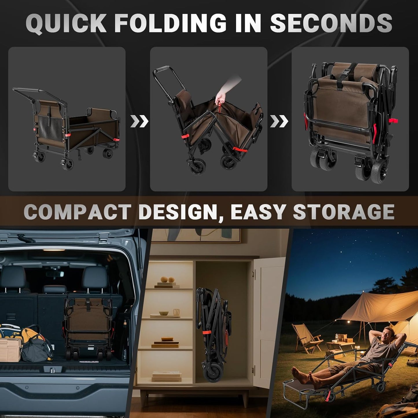 LEVELEVE Heavy Duty Folding Wagon-2-in-1 Collapsible Cart, 400lb Capacity, All-Terrain Wheels w/Brakes & Side Pockets