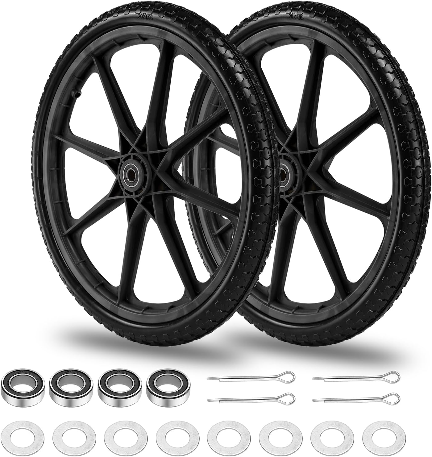 20" Flat Free Tire and Wheel with 3/4" & 5/8" Bearing, Replacement Wheels for Rubbermaid Wheelbarrow,Lawn Carts, Big Wheel Utility Carts and Garden Yard Cart, 2 Pcs Black