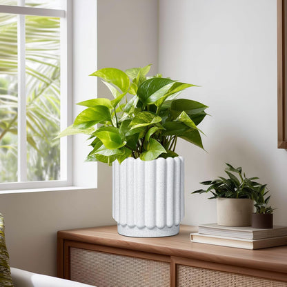 Ceramic Planters for Indoor Plants - 7.6 Inch Ceramic Plant Pots Outdoor, Round Flower Pots with Drainage Hole, Fluted Modern Planter, Room House Decor, Gifts for Plant Lovers, White