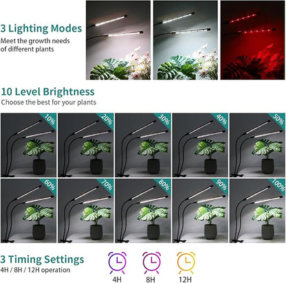 Full Spectrum Plant Growing Lamps 2 Pack, 168 LEDs Clip Lights, White + Red Spectrum, 4/8/12h Timer, 3 Modes, 10 Dimmable Levels, Flexible Gooseneck, for Indoor Plants