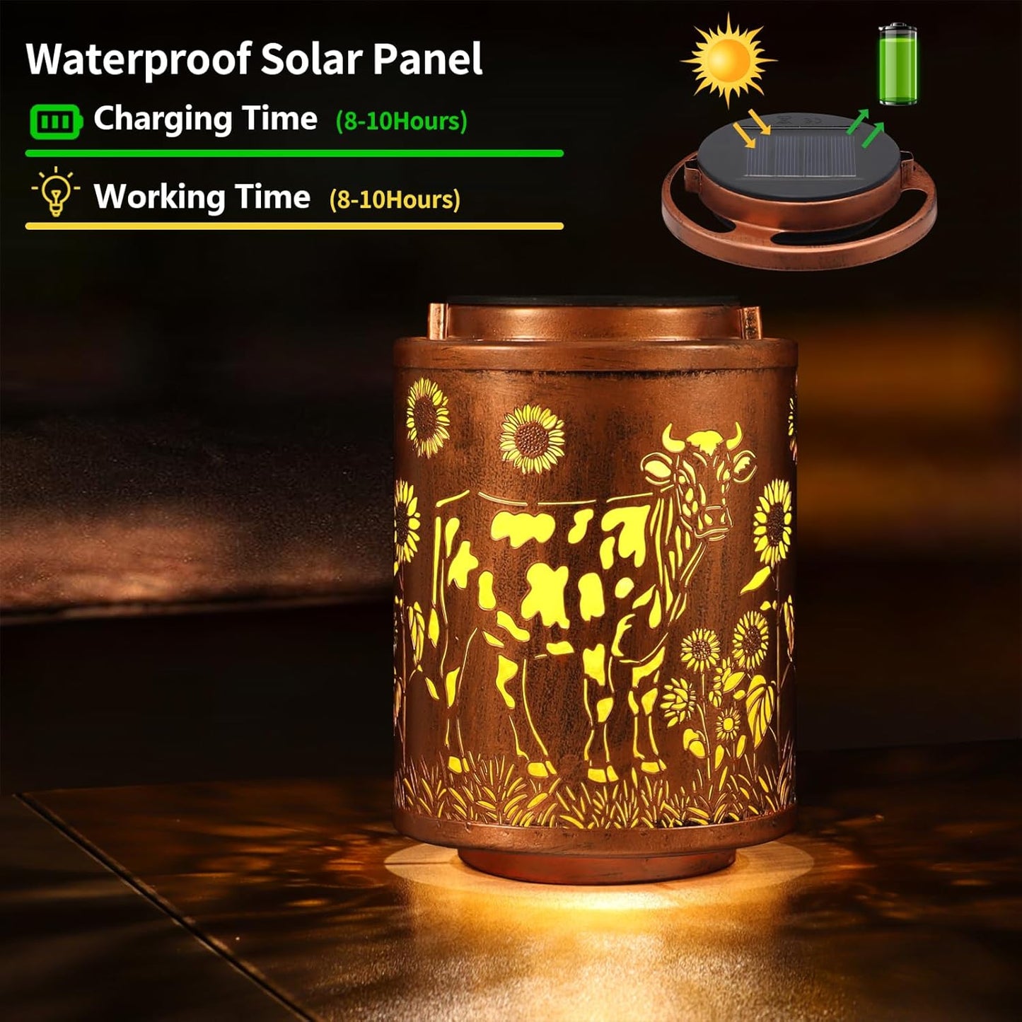 Solar Lanterns Garden Decor Birthday Gifts for Women Mon Grandma Metal Hanging Solar Lights Waterproof Outdoor Decoration for Outside LED Lanterns for Yard Patio Lawn (Cow)