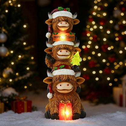 Christmas Highland Cow Decor with Solar Light Triple Highland Cow Christmas Decorations Gifts for Women Mom Funny Highland Cows Garden Statues for Garden Patio Lawn Yard Decor(Multicolor)