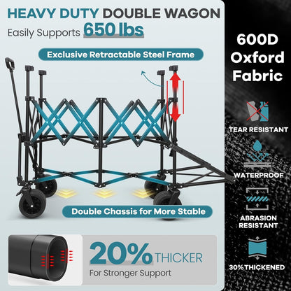 FUNDANGO Double Decker Wagon – 3 Layer 660L Extra High Extender Collapsible Wagons Carts Foldable Heavy Duty with Tailgate, Brakes & All-Terrain Big Wheels for Sports, Camping, Grocery Shopping, Blue