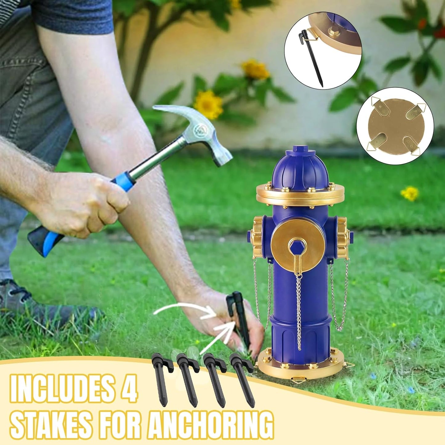 Dog Fire Hydrant Puppy Pee Training Post Garden Statue, Blue & Gold Fire Hydrant Outdoor Figurines Decor for Yard Garden Lawn Patio, 14 Inches (H) *6.5 Inches(W)