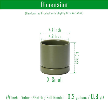 D'vine Dev Set of 4 Small Ceramic Plant Pots, 4.7 Inch Succulent Planter Pot for Plants with Drainage Hole and Saucer, Olive, 94-X-B-0