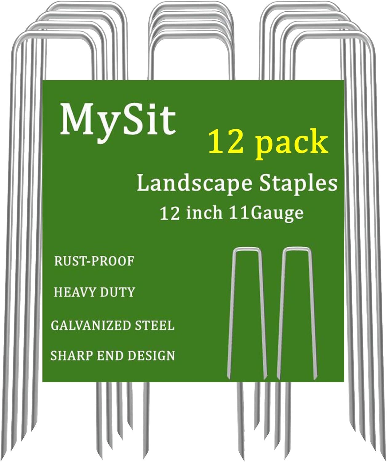 MySit 12" Garden Stakes Pins Landscape Staples 11Ga Tent Stakes 12 Pack, Heavy Duty Galvanized Steel Metal Yard Stakes Ground Lawn Staples Fence Anchors for Weed Barrier Fabric